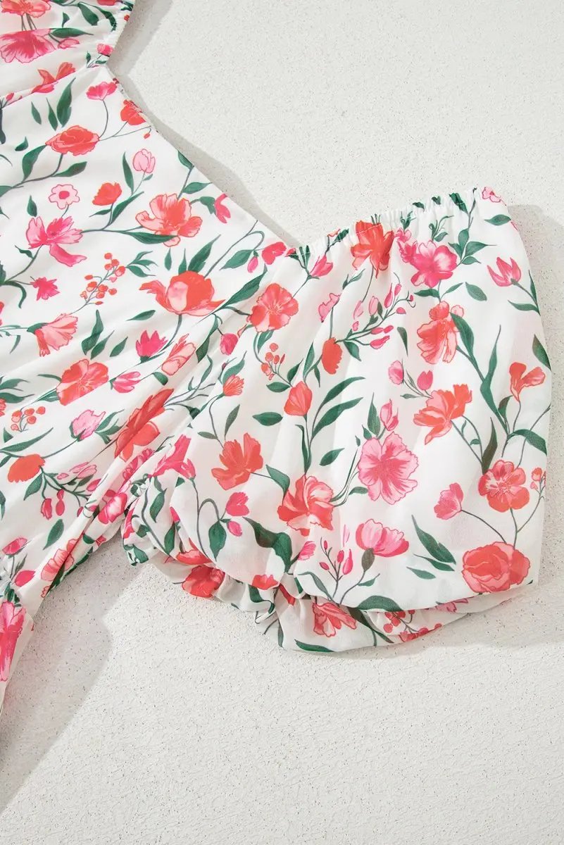 Pink Floral Puff Sleeve Square Neck Empire Waist Maxi Dress - Love Salve